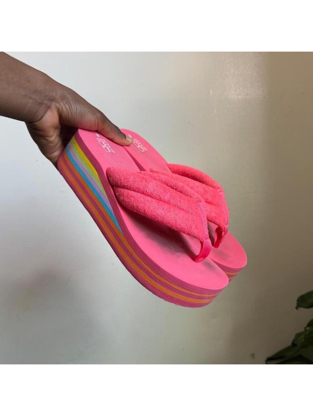 Vintage Y2K No Boundaries Pink Rainbow Platform Flip Flops Thong Sandals US 8